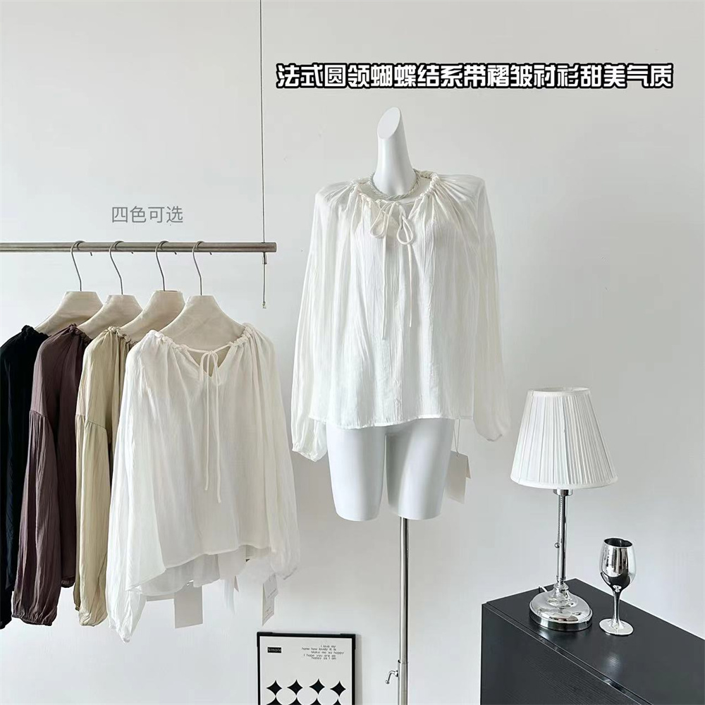 Women's Loose Pleated Tie-Front Shirt French Style Long Sleeve Top