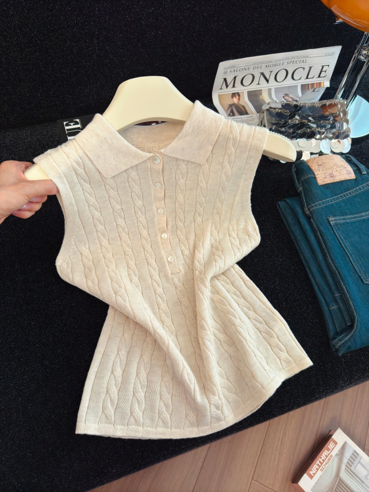 Women's Polo Neck Knit Vest Slimming Sleeveless Top for Fall - Image 2