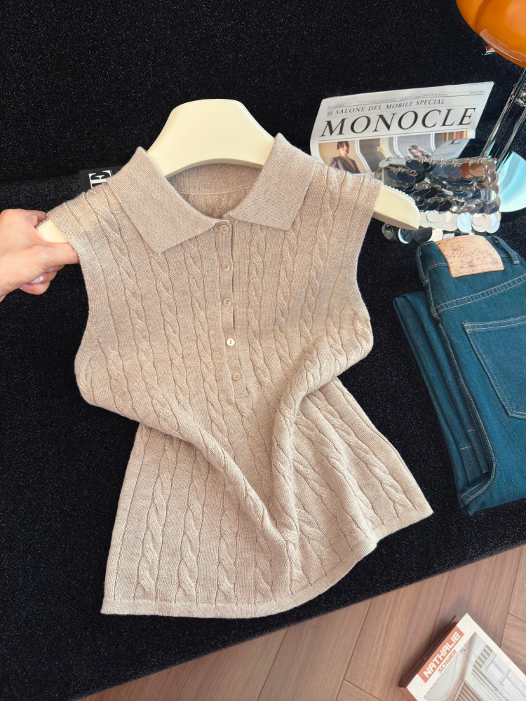 Women's Polo Neck Knit Vest Slimming Sleeveless Top for Fall - Image 3