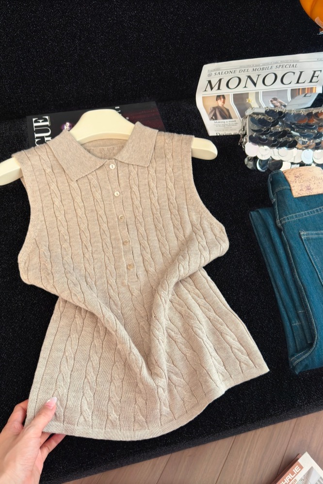 Women's Polo Neck Knit Vest Slimming Sleeveless Top for Fall - Image 5