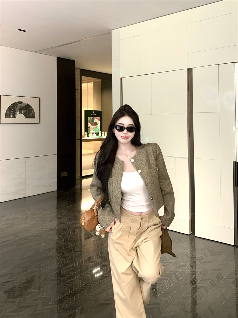 Women's Tweed Jacket Fall New Style Round Neck Sweet Elegant Short Coat